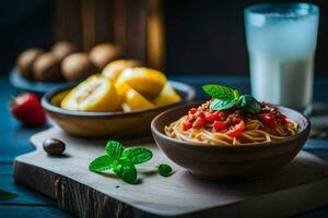 spaghetti with tomato, basil and mozzarella on a wooden table. AI-Generated photo