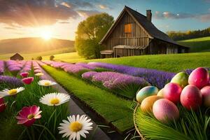 easter eggs in the field. AI-Generated photo