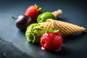 ice cream with strawberries and cherries on a black background. AI-Generated photo