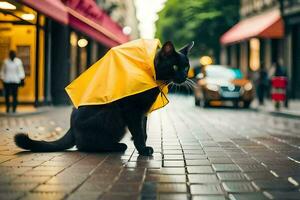 a black cat with a yellow umbrella on a street. AI-Generated photo