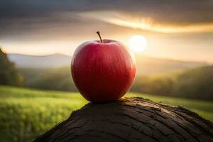 an apple is sitting on top of a stump in front of a sunset. AI-Generated photo