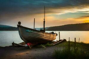 a boat sits on the shore at sunset. AI-Generated photo