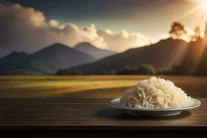 rice in a bowl on a table in front of mountains. AI-Generated photo