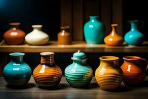 a row of colorful vases on a wooden shelf. AI-Generated photo