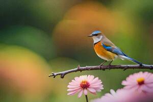 un azul y naranja pájaro se sienta en un rama. generado por ai foto