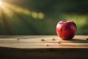 un manzana se sienta en un de madera mesa con un Dom brillante en el antecedentes. generado por ai foto