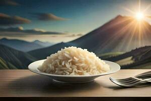 un plato de arroz con tenedor y cuchillo en un mesa en frente de montañas. generado por ai foto