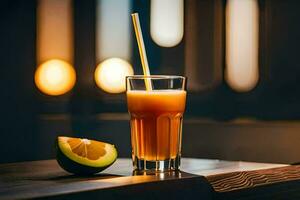 a glass of orange juice with a straw. AI-Generated photo