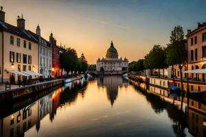 the sun is setting over a canal in europe. AI-Generated photo