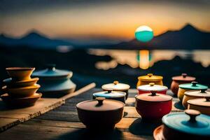 colorful pots and bowls on a table with the sun setting. AI-Generated photo