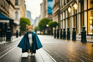 a cat dressed as a superhero walks down a street. AI-Generated photo