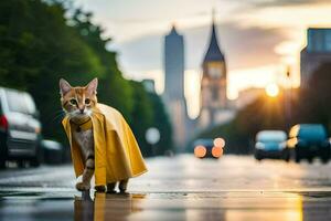 a cat wearing a yellow raincoat on a city street. AI-Generated photo