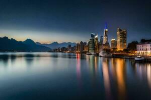 el ciudad luces son reflejado en el agua a noche. generado por ai foto