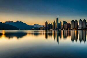 el ciudad horizonte es reflejado en el agua a puesta de sol. generado por ai foto