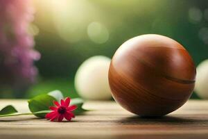 an easter egg and a flower on a table. AI-Generated photo