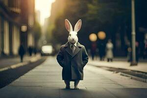 a rabbit dressed in a suit and tie standing on a street. AI-Generated photo