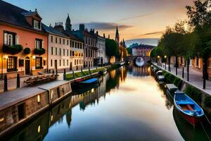 un canal en el medio de un ciudad a puesta de sol. generado por ai foto