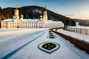 a church in the snow with a fountain in front. AI-Generated photo