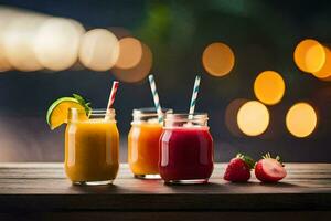 three different types of smoothies in jars on a wooden table. AI-Generated photo