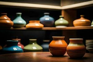 a collection of colorful vases on a shelf. AI-Generated photo