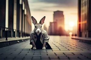 a rabbit in a suit is sitting on the street. AI-Generated photo