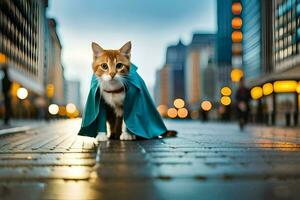 a cat wearing a cape walks down a city street. AI-Generated photo