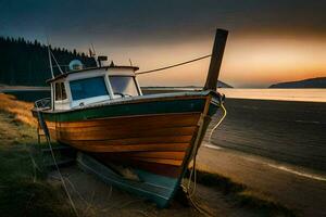 a boat sits on the shore at sunset. AI-Generated photo