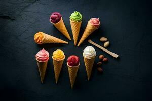 different flavors of ice cream in cones on a dark background. AI-Generated photo