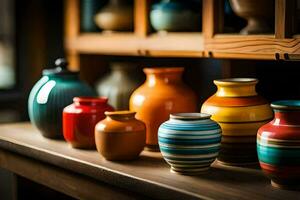 a row of colorful vases on a shelf. AI-Generated photo