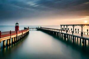 a long exposure photograph of a pier with a lighthouse. AI-Generated photo