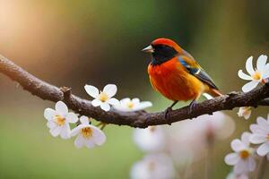a colorful bird sits on a branch with flowers. AI-Generated photo