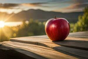 an apple sits on a wooden table in front of the sun. AI-Generated photo