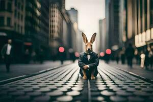 a rabbit in a suit sitting on a street. AI-Generated photo