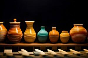 a row of colorful vases on a wooden shelf. AI-Generated photo