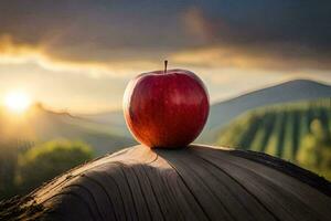 an apple sits on top of a wooden stump in front of a sunset. AI-Generated photo