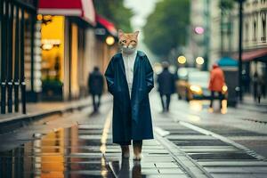 a cat wearing a coat and standing on a wet street. AI-Generated photo