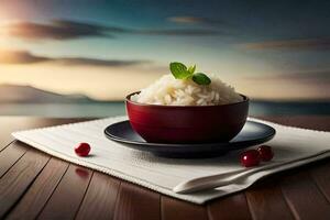 the rice is served in a bowl with a leaf on the side. AI-Generated photo