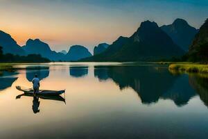 a man in a boat on a lake with mountains in the background. AI-Generated photo