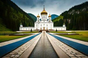 a white church with gold domes in the middle of a green field. AI-Generated photo