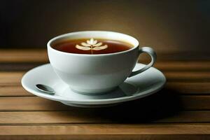 a cup of coffee with a leaf design on the saucer. AI-Generated photo