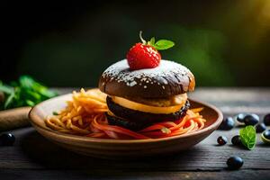 a hamburger with a strawberry on top. AI-Generated photo