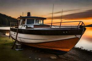 a boat sits on the shore at sunset. AI-Generated photo