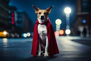 a dog dressed in a red cape sits on the street at night. AI-Generated photo