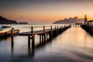 a pier with boats docked at sunset. AI-Generated photo