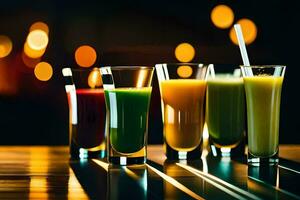 a row of glasses with different colored juices. AI-Generated photo