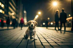 a dog sitting on the street at night. AI-Generated photo