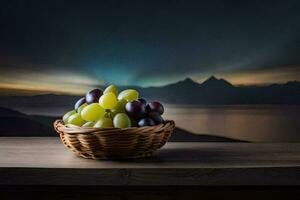 grapes in a basket on a table with mountains in the background. AI-Generated photo