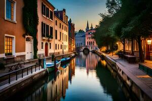 un canal en un ciudad a oscuridad con barcos y edificios generado por ai foto