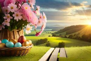 Pascua de Resurrección flores en un cesta en un herboso campo. generado por ai foto