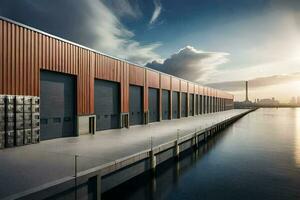 a large warehouse with wooden walls and a dock. AI-Generated photo